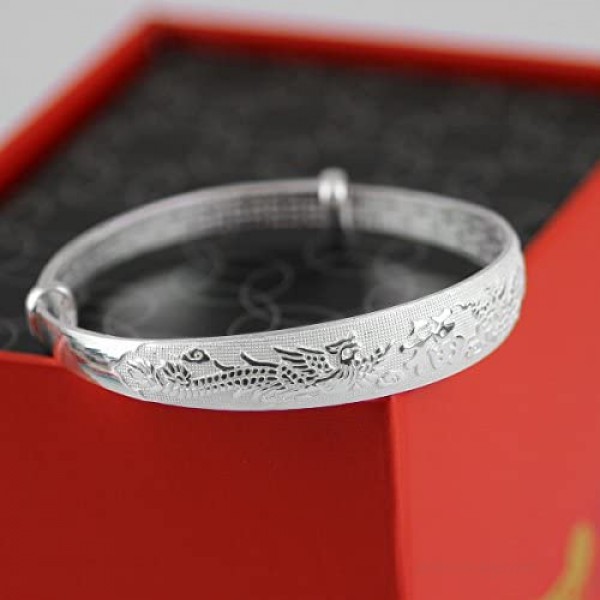 Merdia Women's 999 Solid Sterling Silver Chinese Dragon Phoenix Carved Adjustable Bangle Bracelet 27g Weight for Women Ladies and Elder.