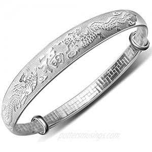 Merdia Women's 999 Solid Sterling Silver Chinese Dragon Phoenix Carved Adjustable Bangle Bracelet 27g Weight for Women Ladies and Elder.