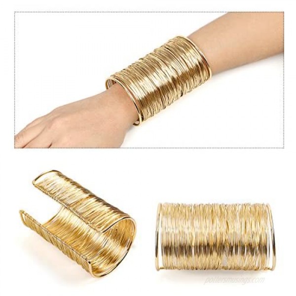 QTMY Alloy Metal Gold Thin Thread Wire Open Cuff Wide Bracelet Bangle