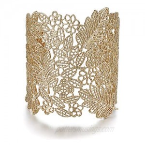 Rhinelife Lace Leaf Flower Hollow Vintage Boho Style Cuff Open Wide Big Bangle Bracelet for Women Jewelry