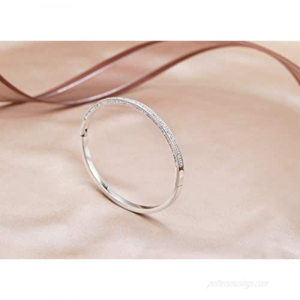 Rose Gold/Gold/Silver Titanium Stainless Steel Pave Cubic Zironia Simulate Diamond Stackable Oval Hinged Bangle Bracelet 6.5-7
