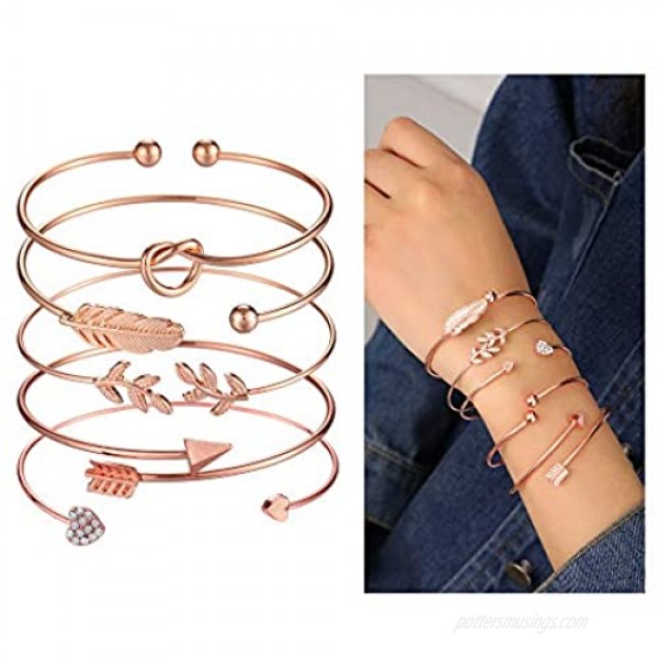 Softones 5pcs Bangle Rose Gold Bracelets for Women Girls Heart|Olive Leaf|Arrow|Feather|Knot Heart Open Cuff Bracelet Set Adjustable