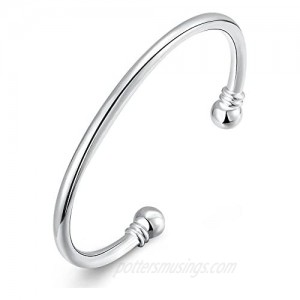 SOMUNS 925 Sterling Silver Plated Bangle Bracelet  Fashion Simple Open Bangles Two Bead Cuff Jewelry for Women (simple)