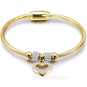 Stainless Steel Magnetic Clasp Hart Charm Cubic Zircon Anniversary Valentine Bangle Bracelet