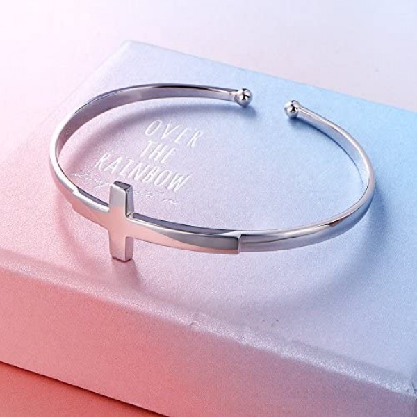 Sterling Silver Faith Hope Love Cross Bangle Bracelet for Women Sister Girlfriend Gift