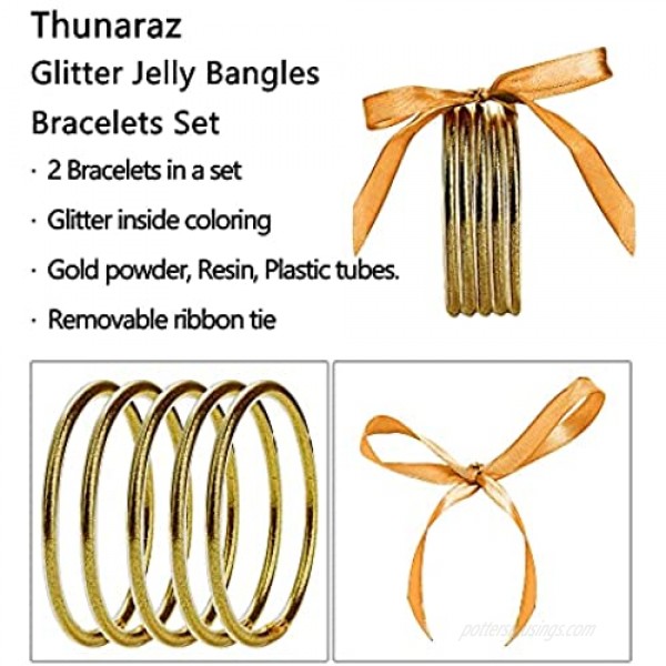 Thunaraz Gold Sliver Glitter Jelly Bangle Bracelet Set for Women Men Waterproof Resin Plastic Bracelets Gold and Sliver Glitter Filled Party Sparkling Fashion Bangles