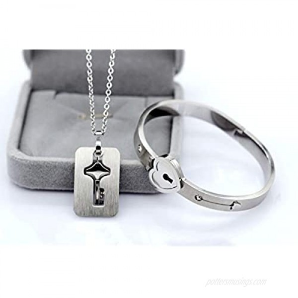 Uloveido Rose Gold Plated Titanium Matching Puzzle Couple Heart Lock Bracelet and Key Pendant Necklace for Men and Women