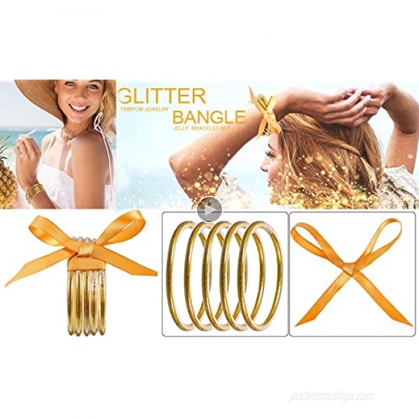 YBMYCM Glitter Jelly Bangles Bracelets Set for Women Glitter Filled Jelly Silicone Bracelets for Girls