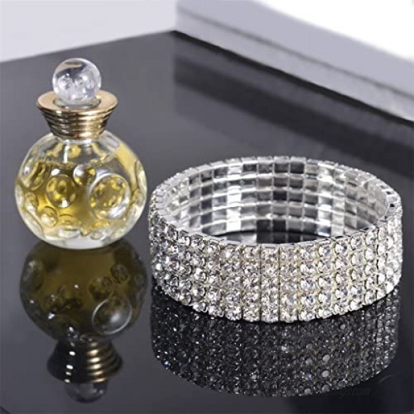 Yumei Jewelry 5 Strand Rhinestone Stretch Bracelet Silver-tone Sparkling Bridal Tennis Bangle