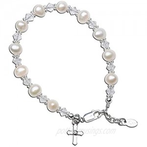 Children's Sterling Silver Cross Bracelet and/or Necklace with Cultured Pearl and High End Crystal for First Communion  Baptism or Christening