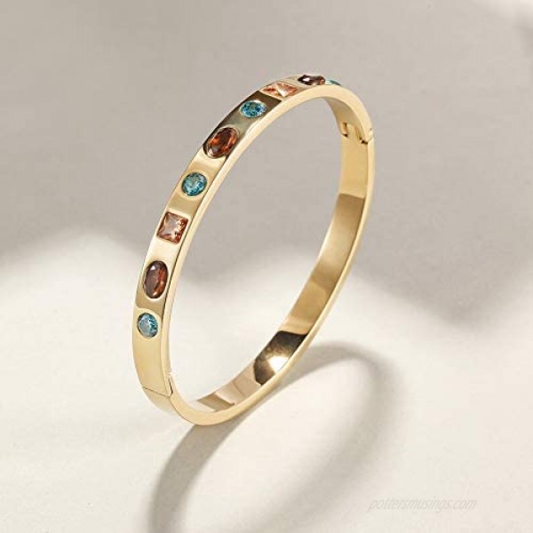 CIUNOFOR Cubic Zirconia Bracelet with 9 Colored Stones for Women Girls Stainless Steel Bangle Silver Rose Gold Plate Tone Wide Band Bracelet