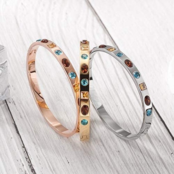 CIUNOFOR Cubic Zirconia Bracelet with 9 Colored Stones for Women Girls Stainless Steel Bangle Silver Rose Gold Plate Tone Wide Band Bracelet