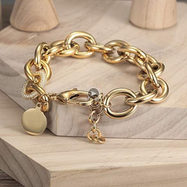 CIUNOFOR CZ Bracelet for Women Girls Wide Cuban Curb Link Bracelet Italian Style Oval Bracelet Silver Rose Gold Plated Adjustable Stainless Steel Chain with Round Disc Charm