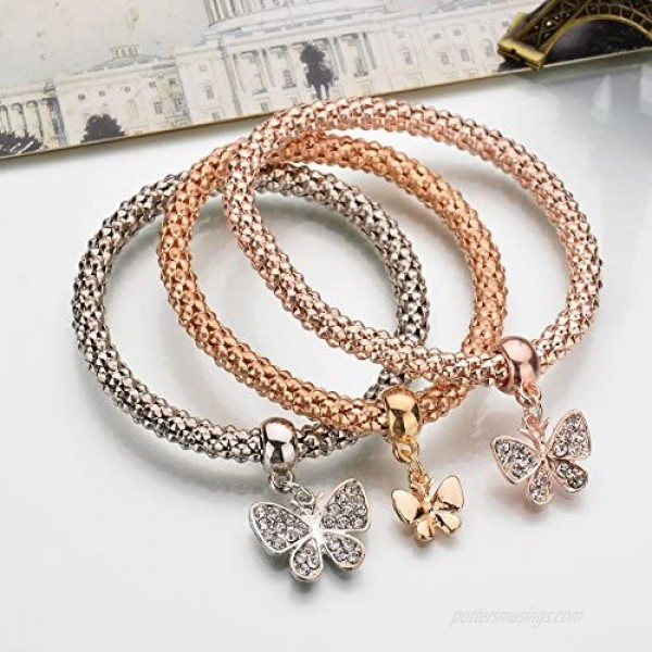 Greendou Stretch Bracelets 3PCS Gold/Silver/Rose Gold Corn Chain Crystal Butterfly Charms Multilayer Bracelets for Women