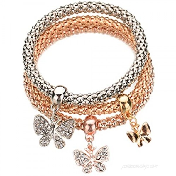 Greendou Stretch Bracelets 3PCS Gold/Silver/Rose Gold Corn Chain Crystal Butterfly Charms Multilayer Bracelets for Women