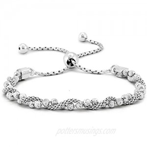 Italian .925 Sterling Silver Diamond-Cut Ball Covered by Twisted Coreana Adjustable Bolo Bracelet