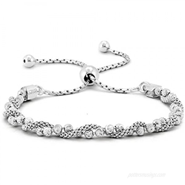 Italian .925 Sterling Silver Diamond-Cut Ball Covered by Twisted Coreana Adjustable Bolo Bracelet