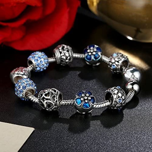 JOEMOD Valentine's Day Gift Blue Fashion Charm Bangle Bracelet for Women Girls Silver Plated 20cm