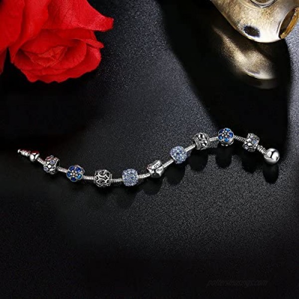JOEMOD Valentine's Day Gift Blue Fashion Charm Bangle Bracelet for Women Girls Silver Plated 20cm
