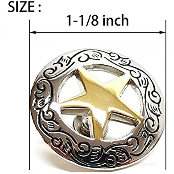 Set of 5 1-1/8 Silver Engraved Gold Star Concho W/ 1/4 Screw Back