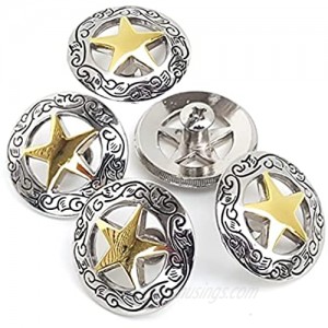 Set of 5 1-1/8 Silver Engraved Gold Star Concho W/ 1/4 Screw Back