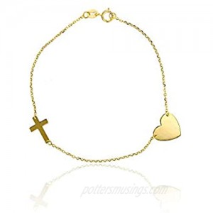 10K Yellow Gold Diamond Cut Polished Heart Charm and Sideways Cross Bracelet