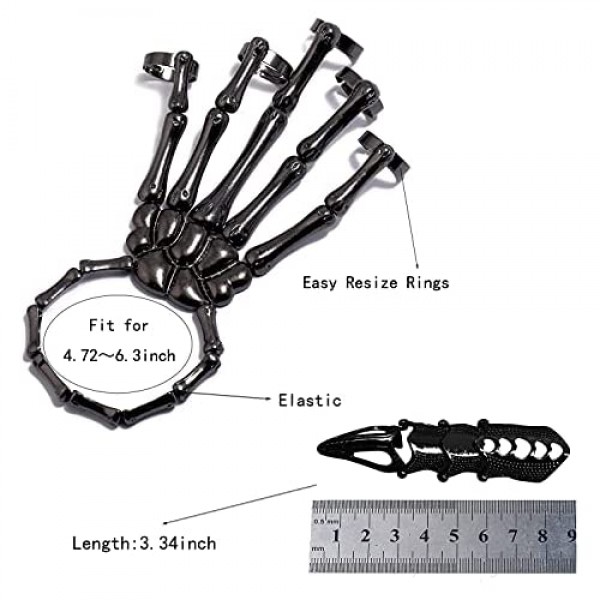 2Pcs Punk Halloween Adhere Hand Back Palm Skeleton Bracelets with Ring Gothic Wristband Skull Bone Joint Finger Cover for Women Girls Funny Cosplay Party Goth Jewelry