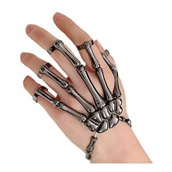2Pcs Punk Halloween Adhere Hand Back Palm Skeleton Bracelets with Ring Gothic Wristband Skull Bone Joint Finger Cover for Women Girls Funny Cosplay Party Goth Jewelry