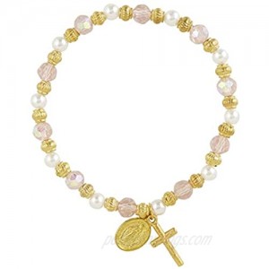 Autom Gold Tone Blessed Mother Rosary Bracelet with Miraculous Medal and Crucifix Dangles 7 1/2 Inch