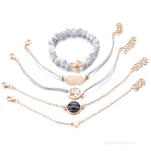 Beaded Bracelets for Women - Adjustable Charm Pendent Stack Bracelets For Women Girl Friendship Gift Rose Quartz Bracelet Links with Pearl Gold Plated