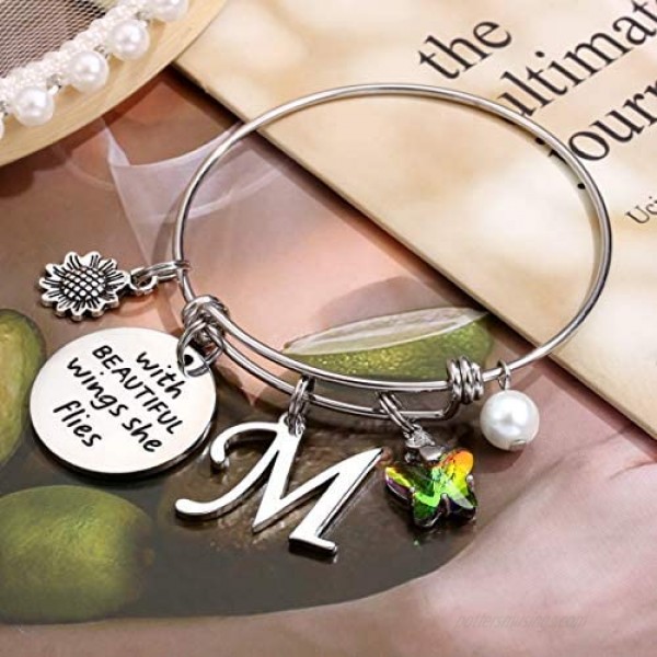Butterfly Charm Bracelets for Women Girls With Beautiufl Wings She Flies Stainless Steel Bangle Bracelets Engraved 26 Letters Sunflower Initial Charm Butterfly Bracelet Gifts for Teen Girls Women