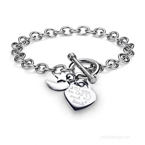 Charms Bracelet Heart Toggle I Love You To The Moon and Back Stainless Steel Chain 7.5