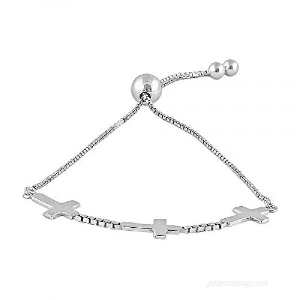 Charmsy Sterling Silver Jewelry Three Cross Adjustable Sliding Bolo Bracelet for Women