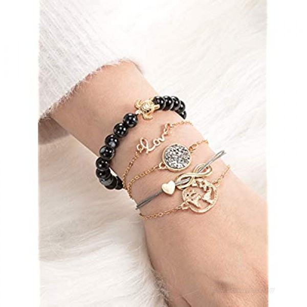 Chuangdi 4 Jewelry Set Layered Beaded Bracelet Adjustable Charm Pendent Stack Bracelets Wrap Bangle for Women Girl (Style 1)