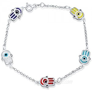 Delicate Dainty Turkish Amulet Talisman Protection Good Luck Multi Color Yellow Red Blue Hamsa Fatima Hand and Evil Eye Charm Bracelet For Teen For Women 925 Sterling Silver