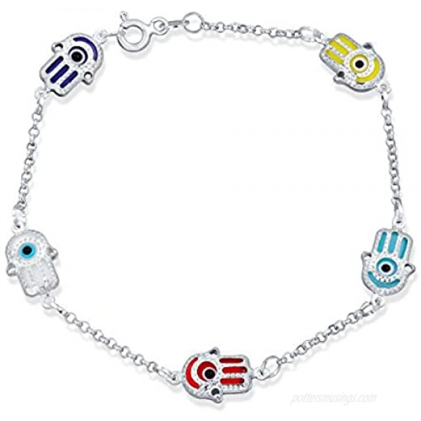 Delicate Dainty Turkish Amulet Talisman Protection Good Luck Multi Color Yellow Red Blue Hamsa Fatima Hand and Evil Eye Charm Bracelet For Teen For Women 925 Sterling Silver