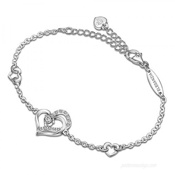 ELEGANZIA Heart Bracelet Sterling Silver for Women Cubic Zirconia Love Charm Bracelet Eternity Jewelry Anniversary Birthday Valentine for Her