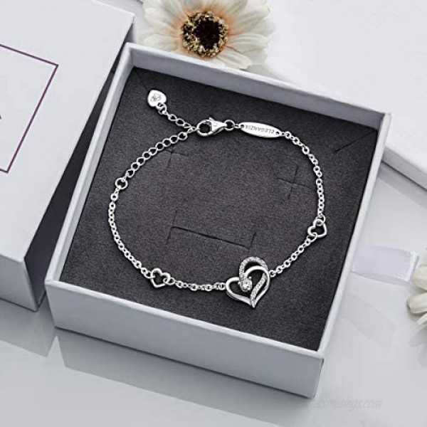 ELEGANZIA Heart Bracelet Sterling Silver for Women Cubic Zirconia Love Charm Bracelet Eternity Jewelry Anniversary Birthday Valentine for Her