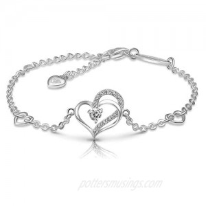ELEGANZIA Heart Bracelet Sterling Silver for Women  Cubic Zirconia Love Charm Bracelet Eternity Jewelry Anniversary Birthday Valentine for Her