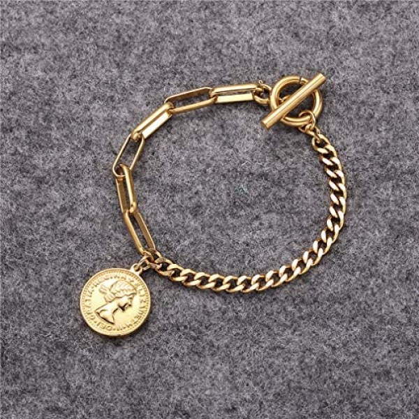FOXJWEL Cameo Bracelet Queen Her Majesty Link Bracelet Elizabeth Coin Jewelry for Women