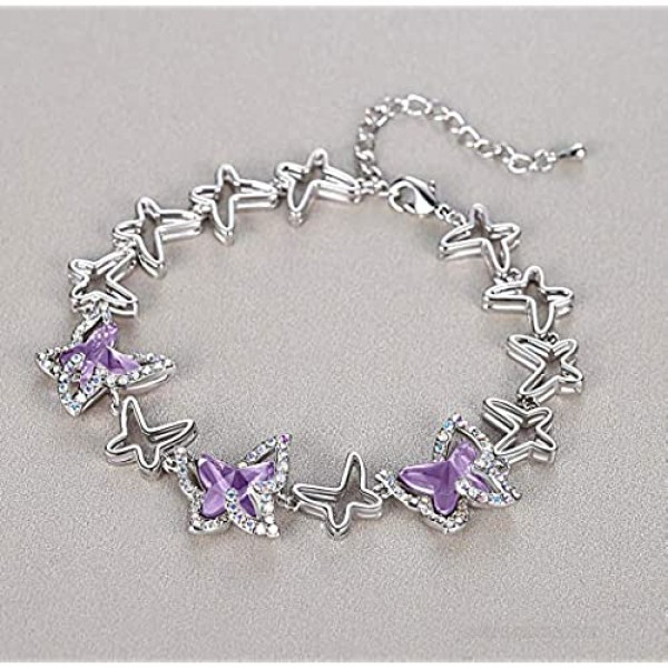 GEMMANCE Butterfly Link Charm Bracelet with Premium Birthstone Crystal Silver-Tone 7”+2” Chain