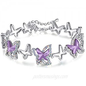 GEMMANCE Butterfly Link Charm Bracelet with Premium Birthstone Crystal  Silver-Tone  7”+2” Chain