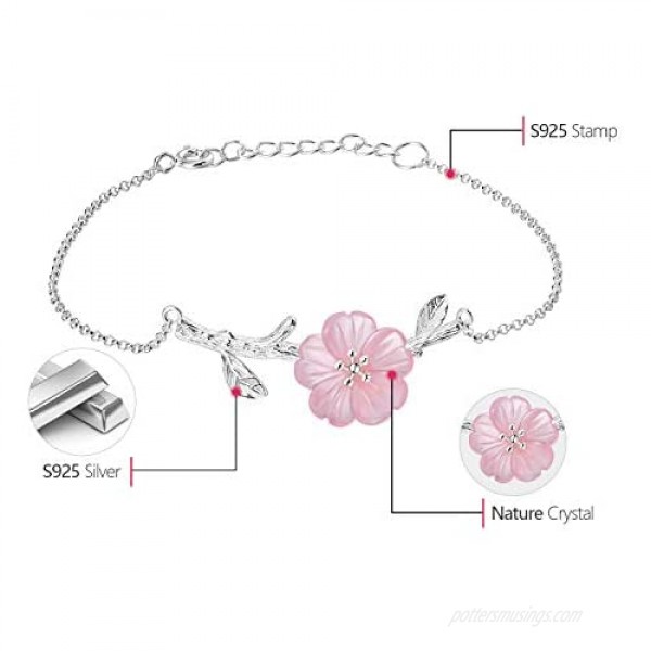 ♥Gift for Mother's Day♥Lotus Fun 925 Sterling Silver Bracelet Crystal Flower in the Rain Adjustable Bracelets with Chain length 6.5''-7.6'' Handmade Unique Jewelry Gift for Women and Girls