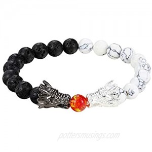 Giwotu Womens Mens Fashion Black and White Beads Bracelet Natural Stone Black Lava Bead Two Dragon Play One Ball Male Female Jewellery