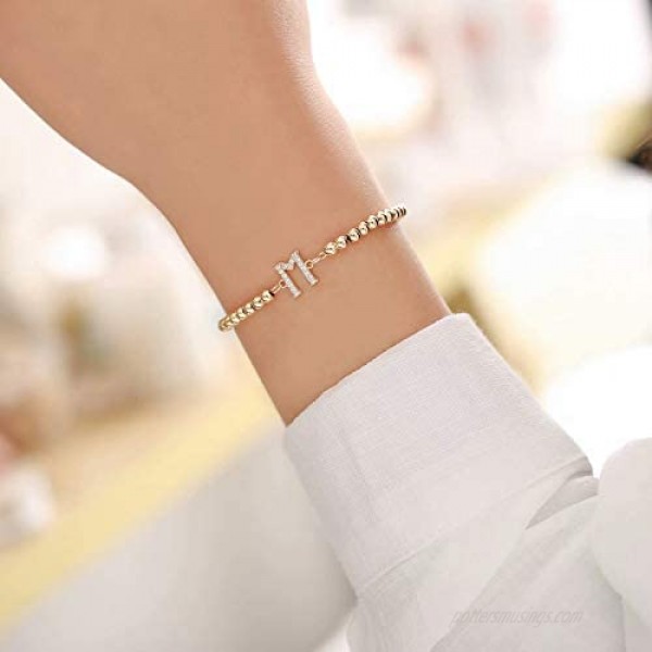 Hidepoo Initial Beaded Bracelets for Women 14K Gold Plated Dainty Cubic Zirconia Bead Initial Bracelets Personalized Letter Beaded Initial Bracelets for Women Girls Jewelry Gifts