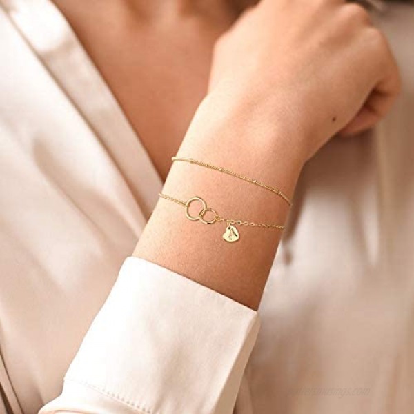 Hidepoo Mother Daughter Bracelets 14K Gold Plated Interlocking Infinity Circles Bracelet Gifts for Mom Layered Heart Initial Bracelet Mother Daughter Gifts for Mother's Day Christmas Birthday
