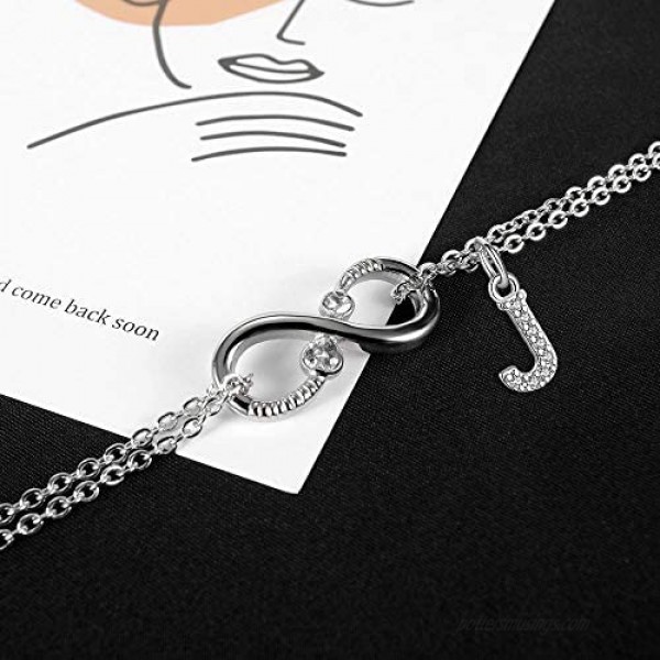 HQNUO Dainty Cubic Zirconia Initial Double Chain Bracelet with Letter Pendant Copper Plating Mother Daughter Eternal Symbol Bracelets