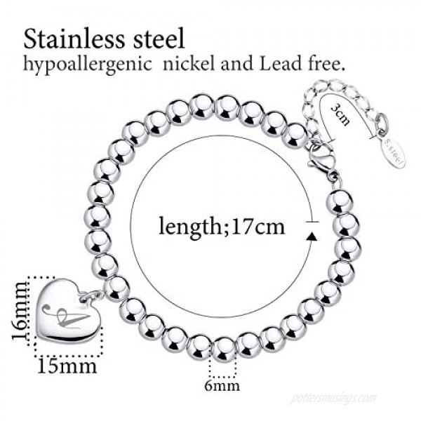 Initial Heart Charm Bracelets 6mm Stainless Steel Beads 26 Letters Bracelet for Women Birthday Gifts