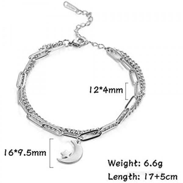 LIKGREAT Crescent Moon Star Charm Bracelet Double Chains Stainless Steel Islamic Charm Bracelet for Women Ladies Girls