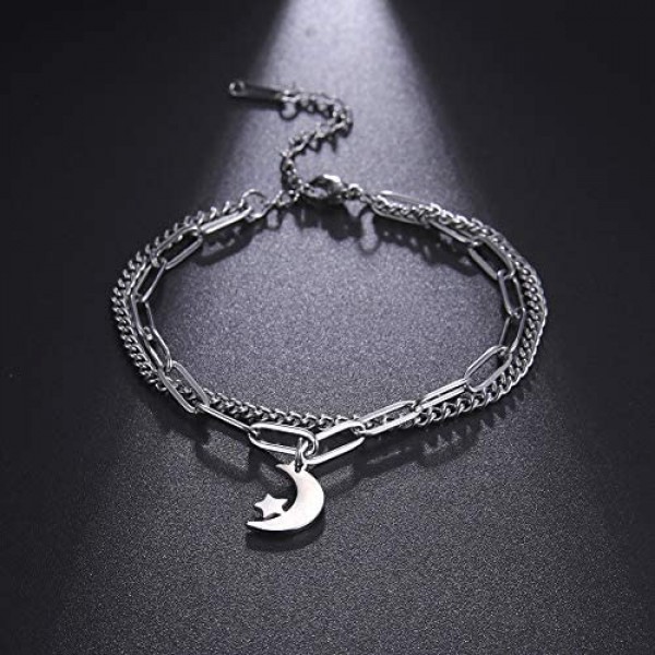 LIKGREAT Crescent Moon Star Charm Bracelet Double Chains Stainless Steel Islamic Charm Bracelet for Women Ladies Girls